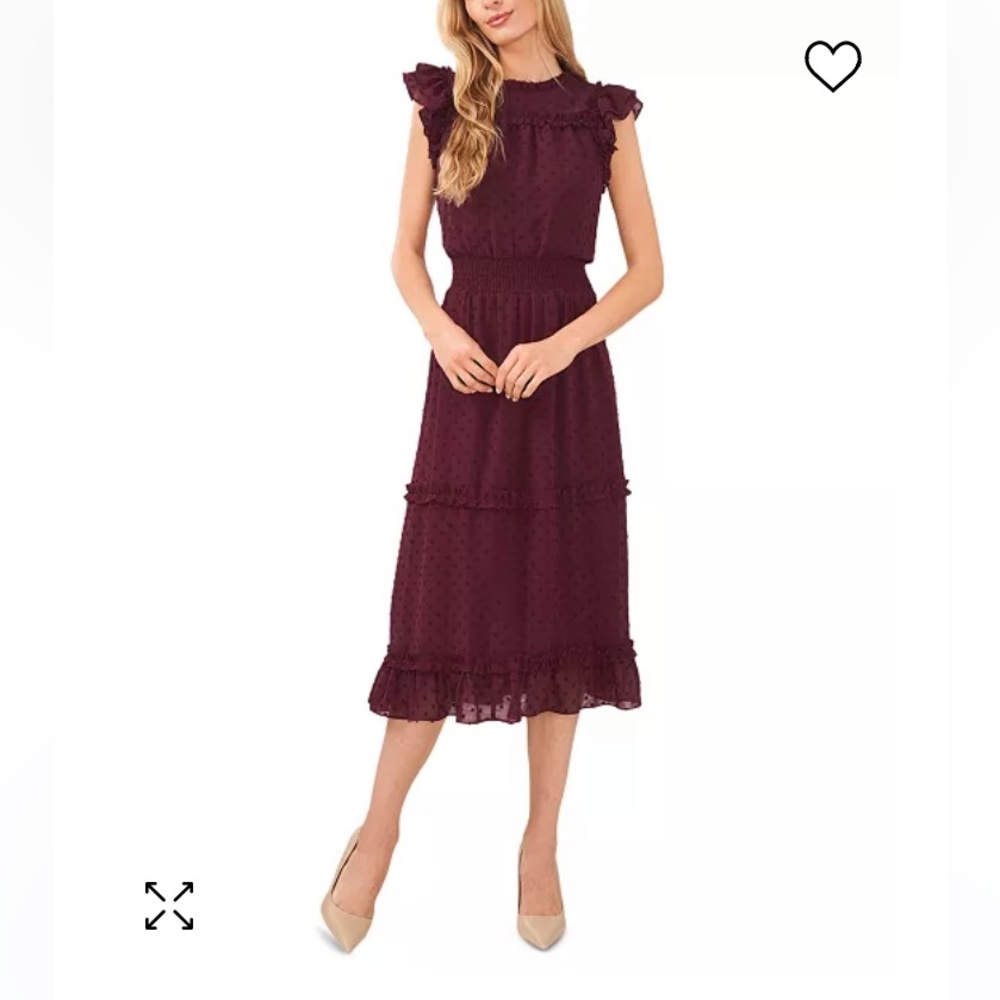 CeCe Women's Ruffled Flutter Sleeve Swiss Dot Midi Dress in Rich Cabernet XL
